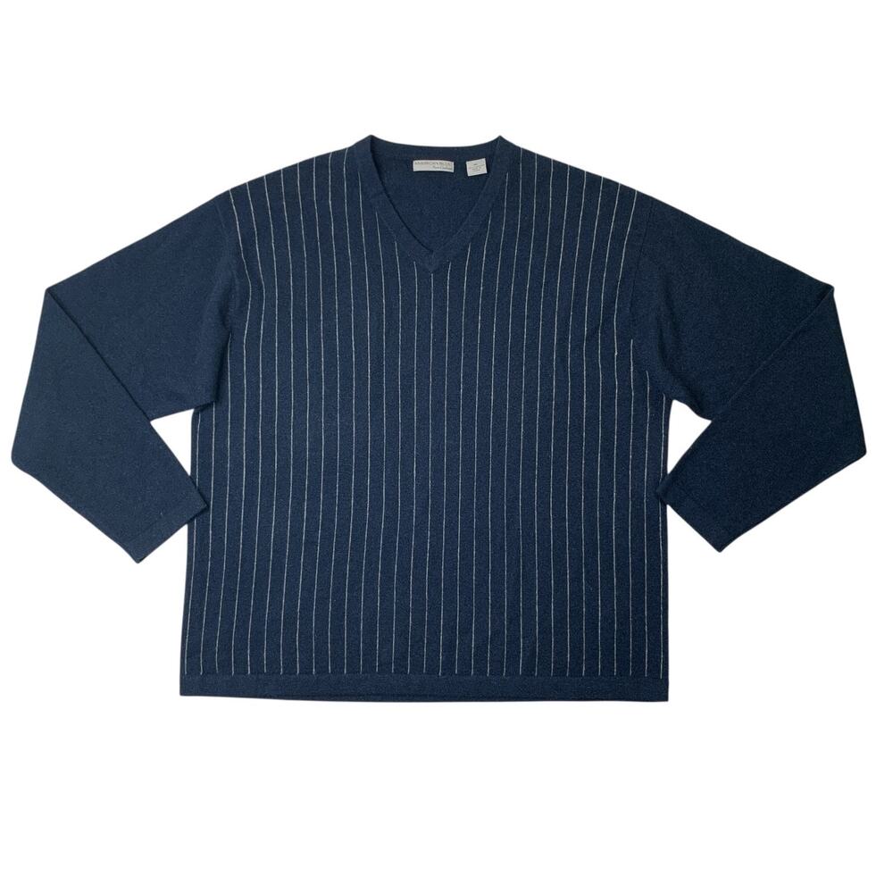 American Blue Sweater Mens XL Extra Large Windsor Pure Cashmere Pinstripe V Neck